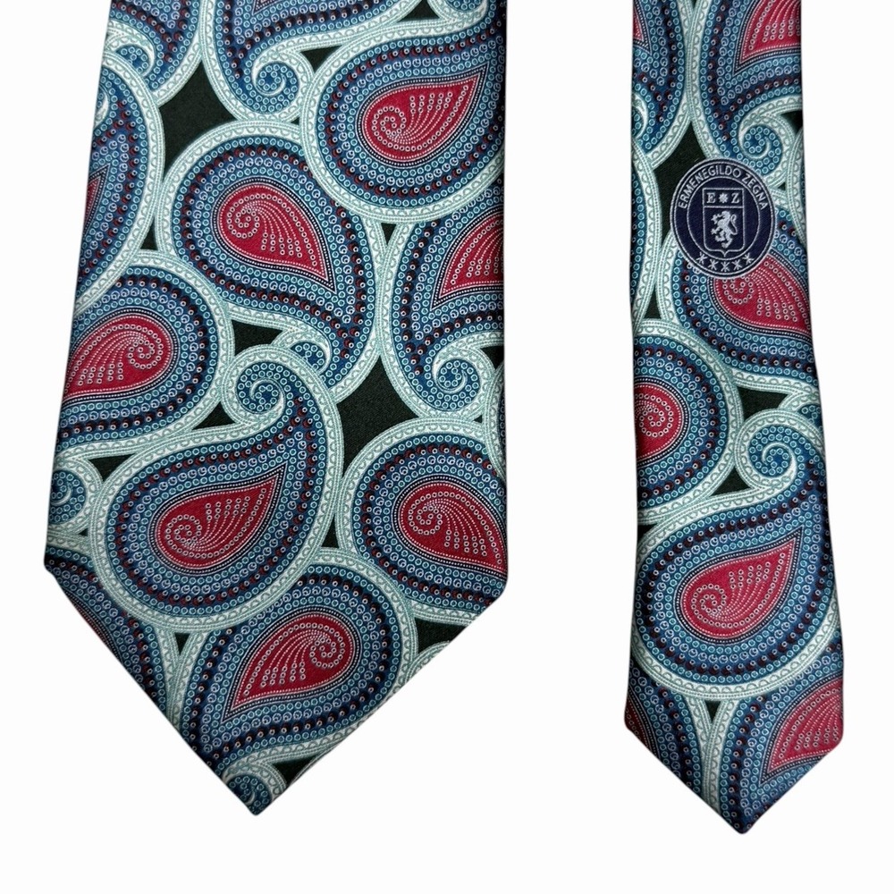 Ermenegildo Zegna Men's Recent Tie Blue & Red AOP Paisley Satin Silk 3.75" x 61"